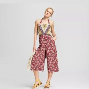 Floral Print Halter Top Overall Jumpsuit XS S M L